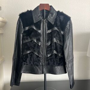 BCBG leather and goat fur chevron Jacket never worn